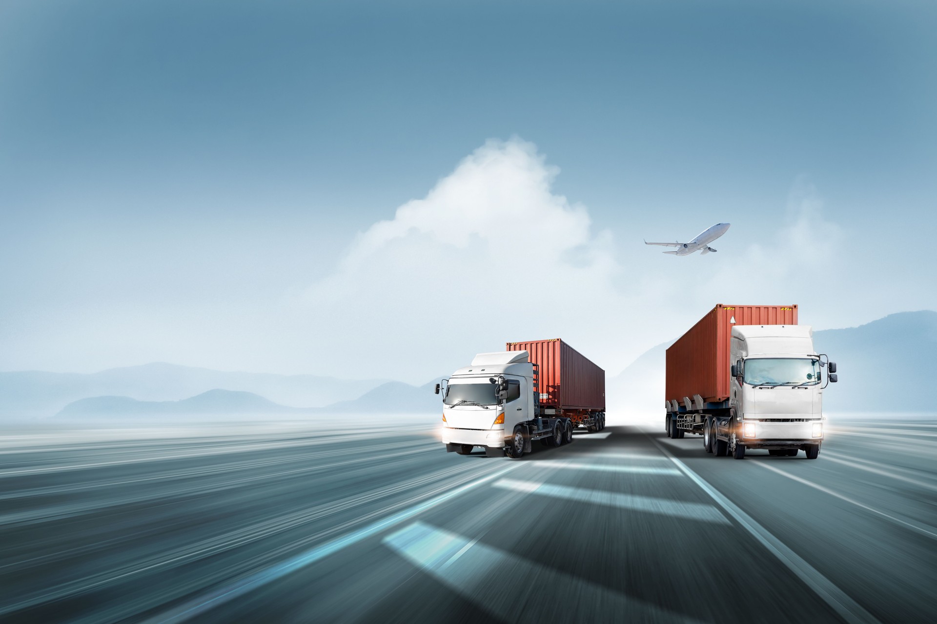 Logistics import export and cargo transportation industry concept of Container Truck run on highway road at sunset blue sky background with copy space, cargo airplane, moving by motion blur effect